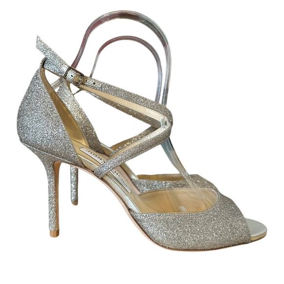 Jimmy Choo NWOB Esme 85 Platinum Ice Dusty Glitter Champagne Strappy Sandals 37 - Picture 11 of 11